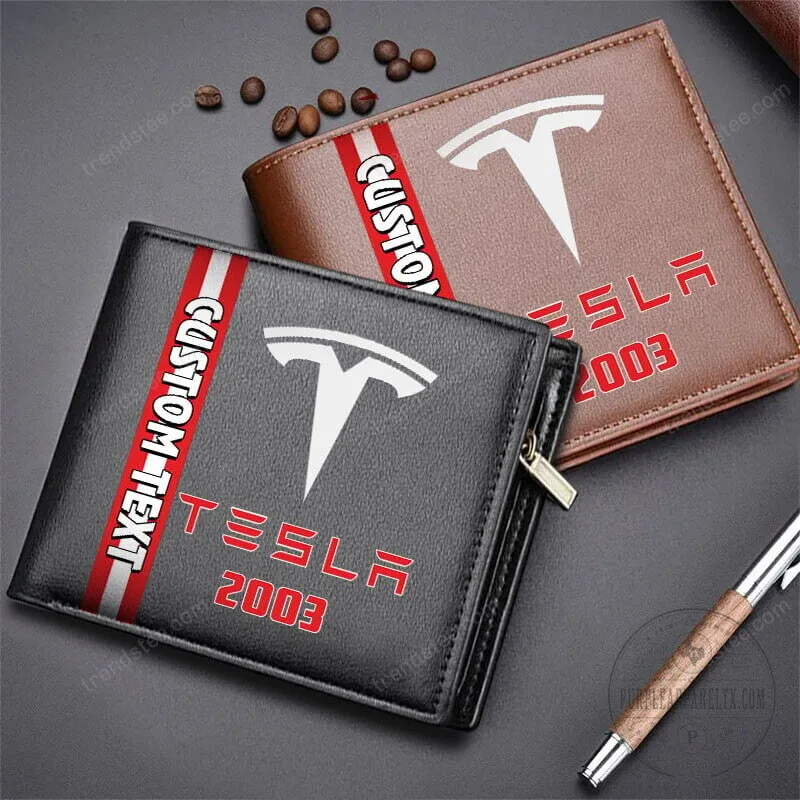 Tesla Custom Text Personalized Logo Black and Brown Leather Wallet