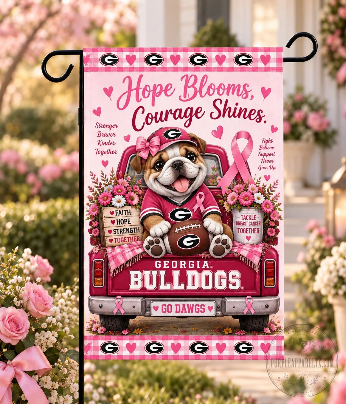 Georgia Bulldogs Breast Cancer Awareness Hope Blooms Courage Shines Flag