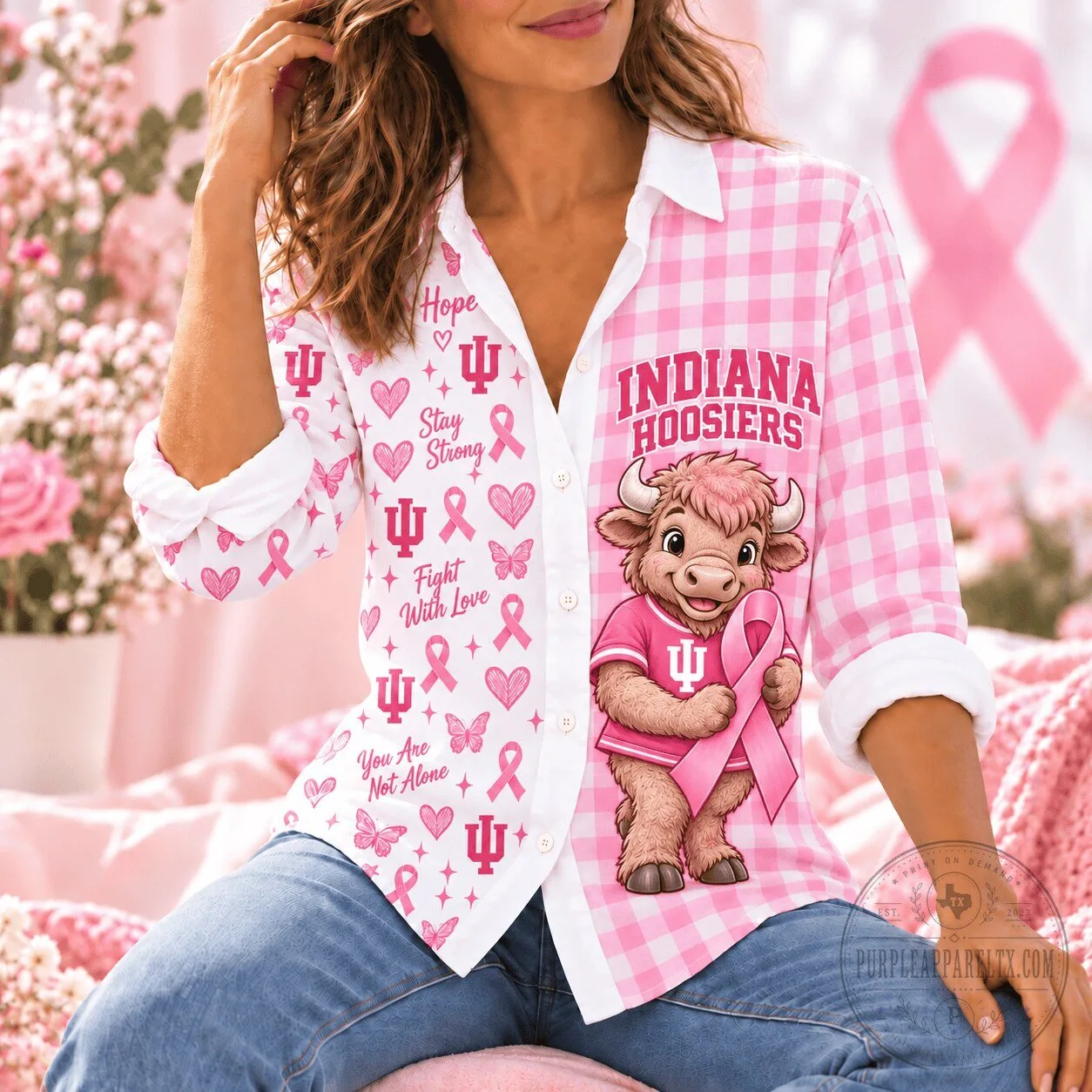 Indiana Hoosiers Breast Cancer Awareness Pink Gingham Button-Up Shirt