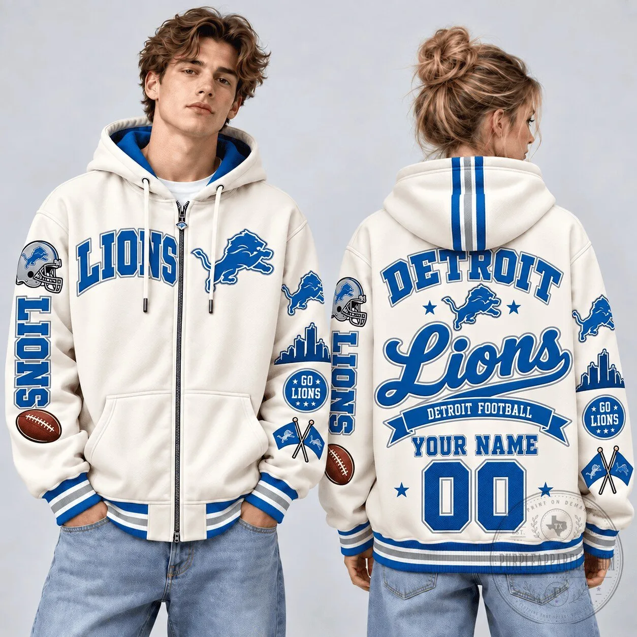 Personalized Full Zip Hoodie in Champions Style for Detroit Lions NFL Fans