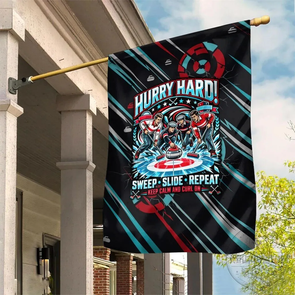 Curling My House My Rules Hurry Hard Sweep Slide Repeat Sports Quote Flag