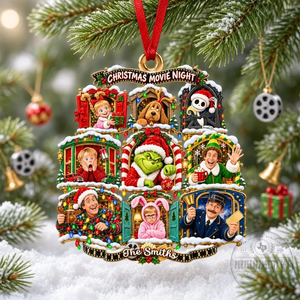 Christmas Movie Night Personalized Family Name Holiday Tree Ornament Christmas Movie Night Personalized Family Name Holiday Tree Ornament