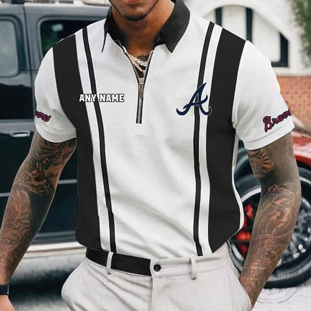 Atlanta Braves Personalized Name White Black Striped Zipper Polo Shirt