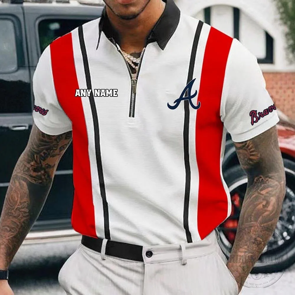 Atlanta Braves Personalized Name White Black Striped Zipper Polo Shirt 13 Atlanta Braves Personalized Name White Black Striped Zipper Polo Shirt