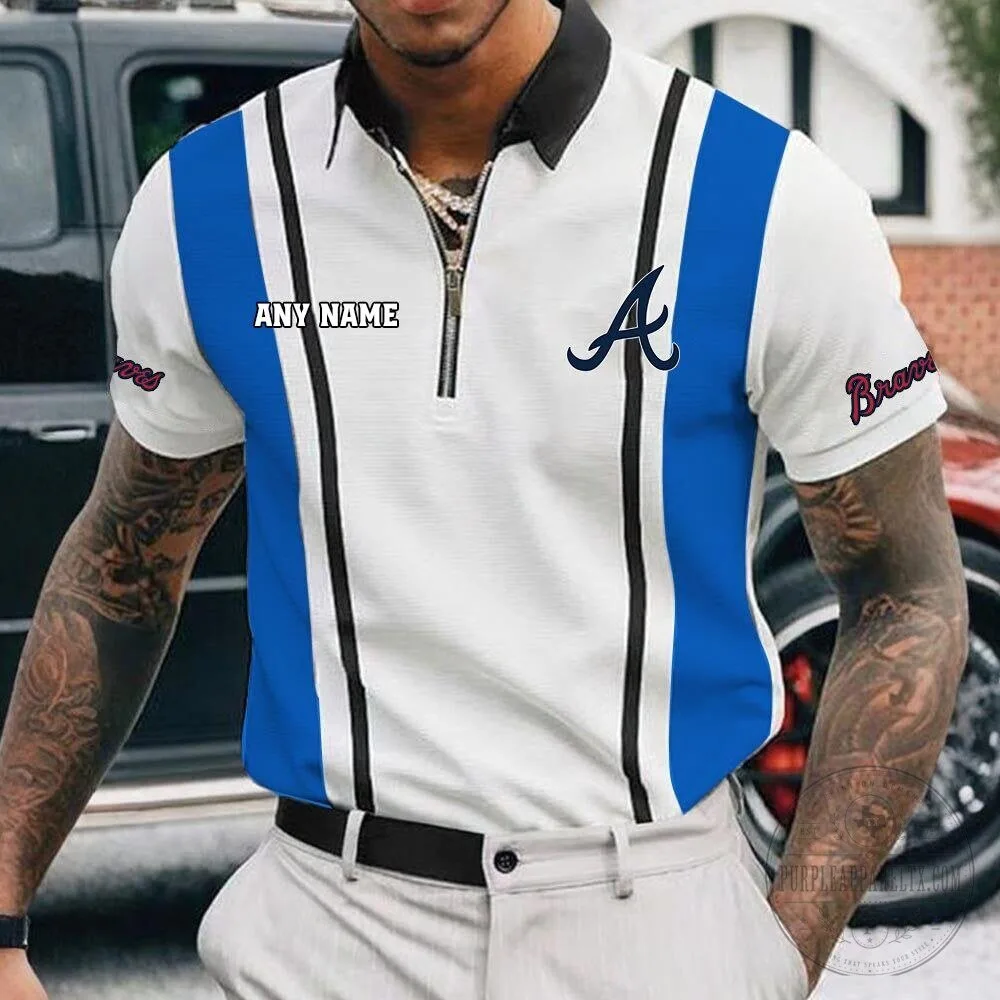 Atlanta Braves Personalized Name White Black Striped Zipper Polo Shirt 14 Atlanta Braves Personalized Name White Black Striped Zipper Polo Shirt