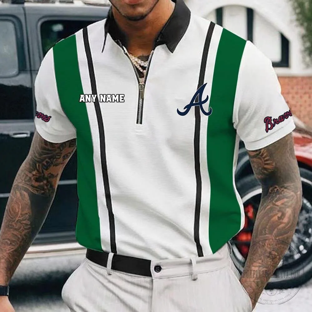 Atlanta Braves Personalized Name White Black Striped Zipper Polo Shirt 15 Atlanta Braves Personalized Name White Black Striped Zipper Polo Shirt