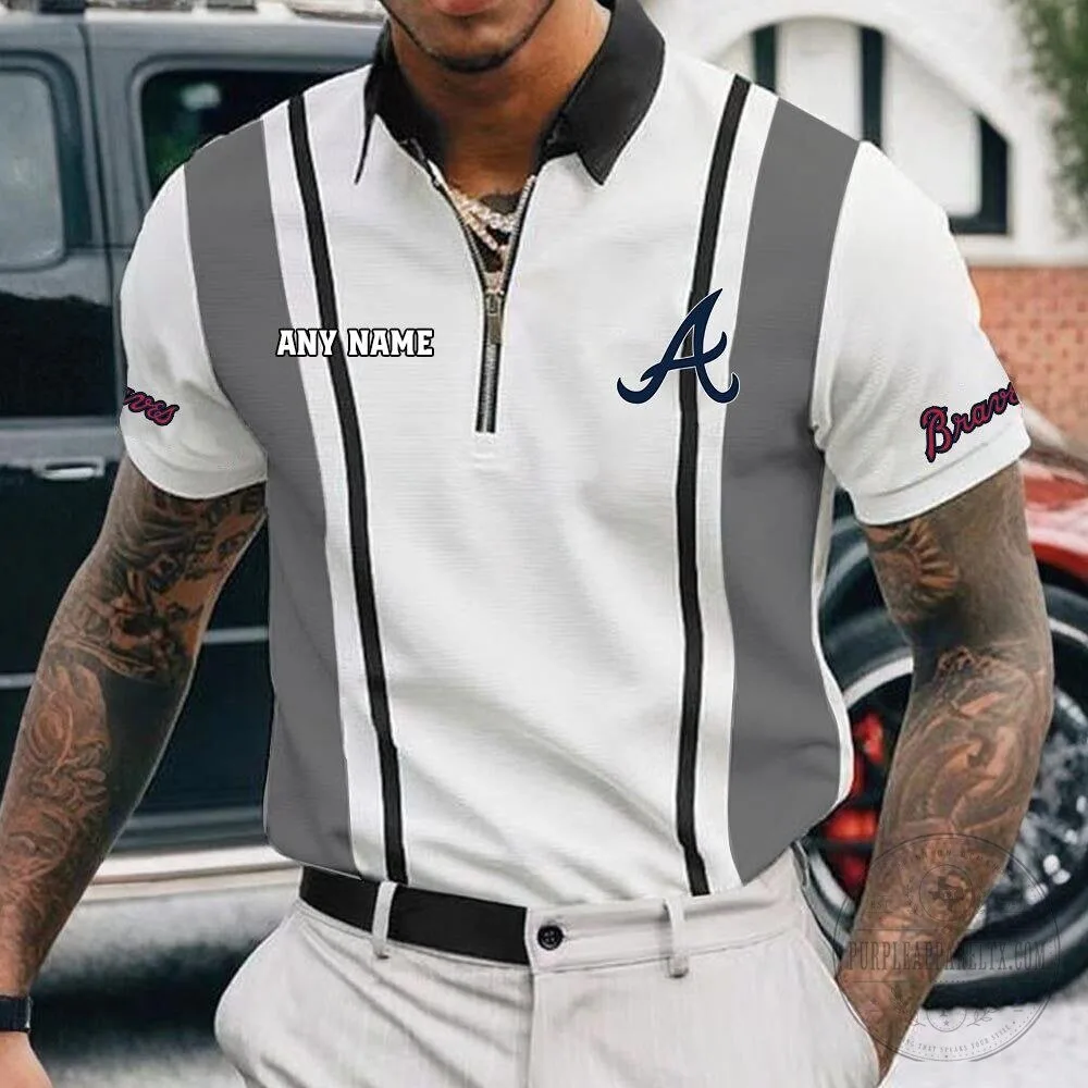Atlanta Braves Personalized Name White Black Striped Zipper Polo Shirt 16 Atlanta Braves Personalized Name White Black Striped Zipper Polo Shirt