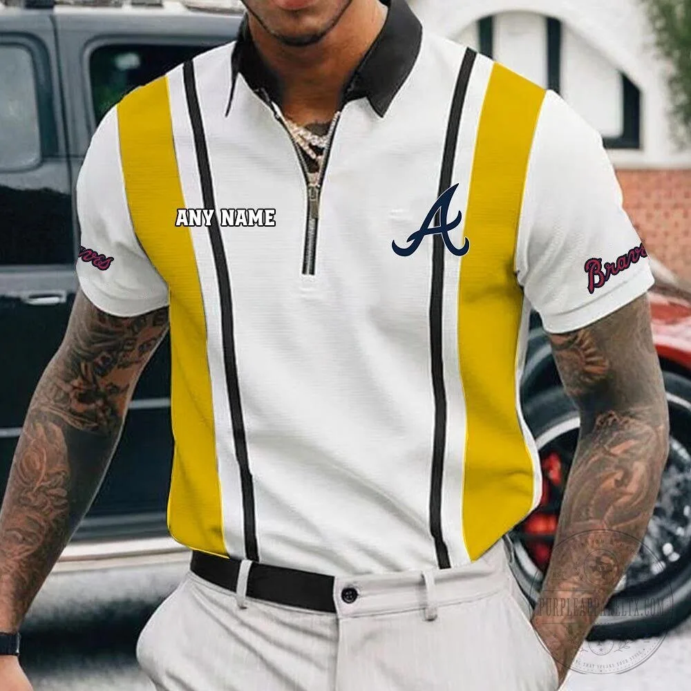 Atlanta Braves Personalized Name White Black Striped Zipper Polo Shirt 17 Atlanta Braves Personalized Name White Black Striped Zipper Polo Shirt