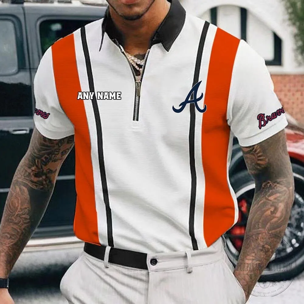 Atlanta Braves Personalized Name White Black Striped Zipper Polo Shirt 18 Atlanta Braves Personalized Name White Black Striped Zipper Polo Shirt