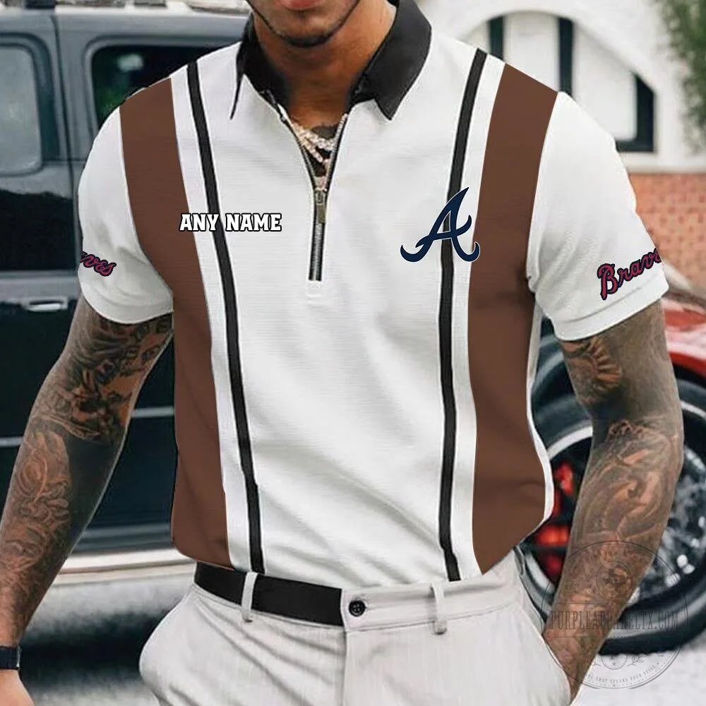 Atlanta Braves Personalized Name White Black Striped Zipper Polo Shirt 19 Atlanta Braves Personalized Name White Black Striped Zipper Polo Shirt