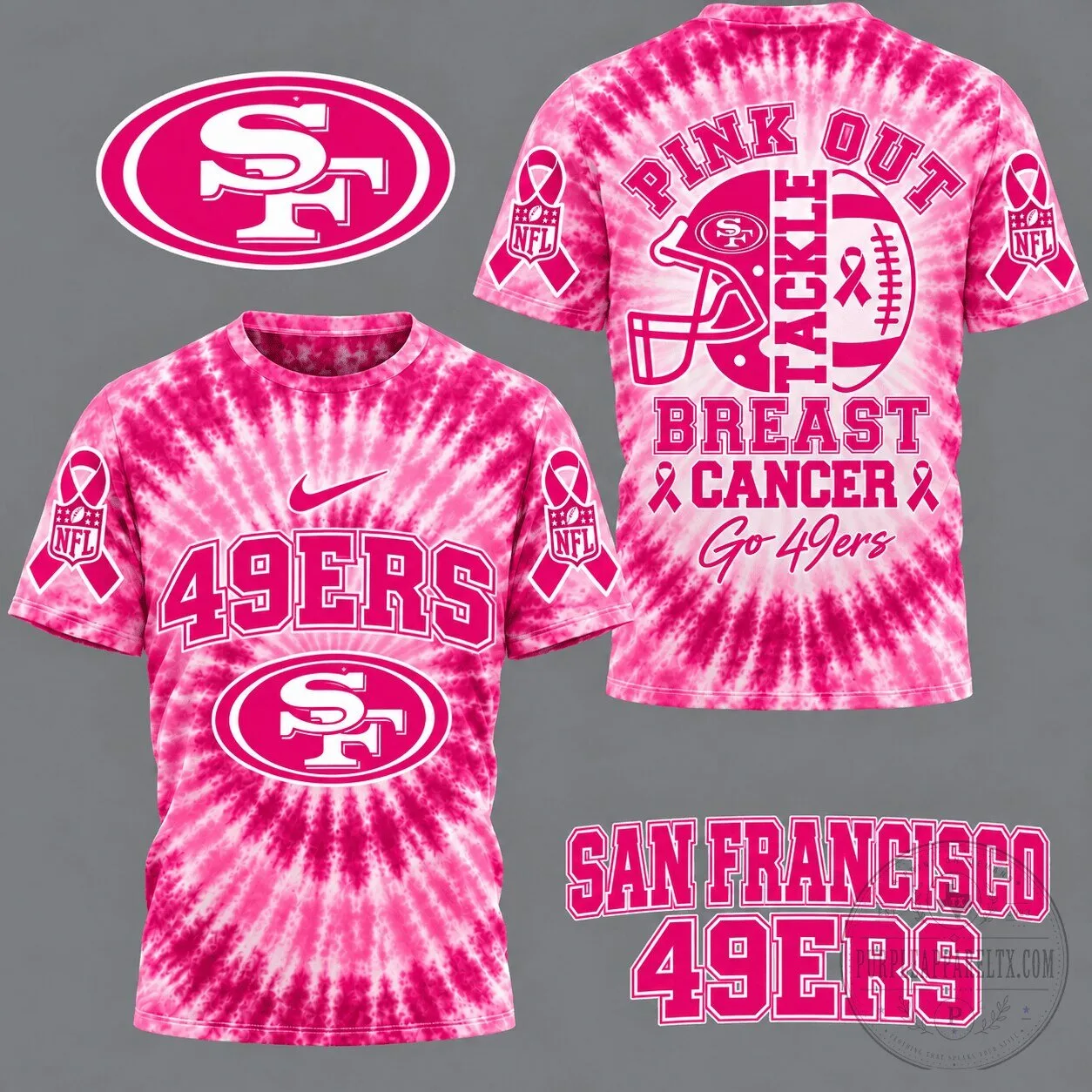 San Francisco 49ers Pink Out Breast Cancer Awareness Tie-Dye Football T-Shirt