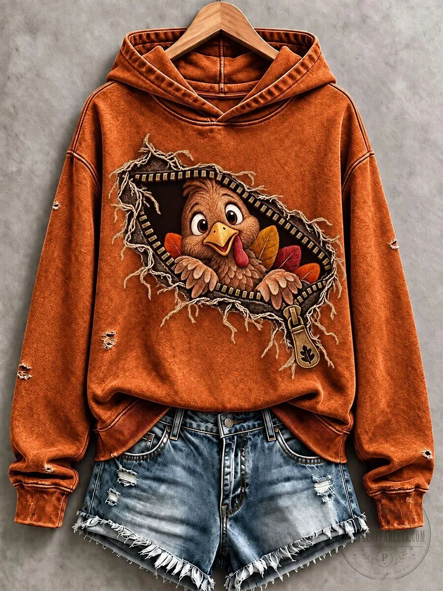 Thanksgiving Turkey Peeking Out Zipper Design Distressed Hoodie for Women 8 Thanksgiving Turkey Peeking Out Zipper Design Distressed Hoodie for Women