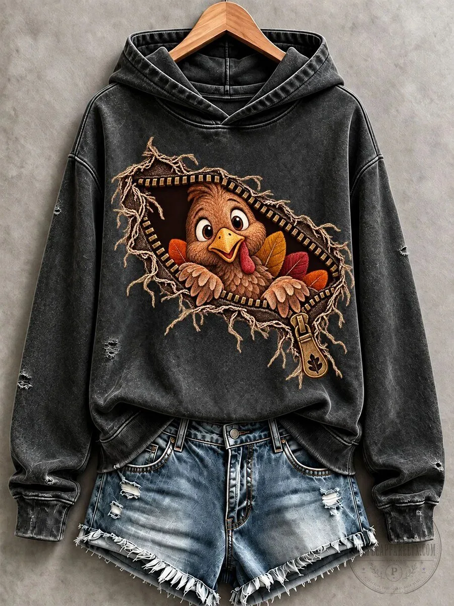 Thanksgiving Turkey Peeking Out Zipper Design Distressed Hoodie for Women 9 Thanksgiving Turkey Peeking Out Zipper Design Distressed Hoodie for Women