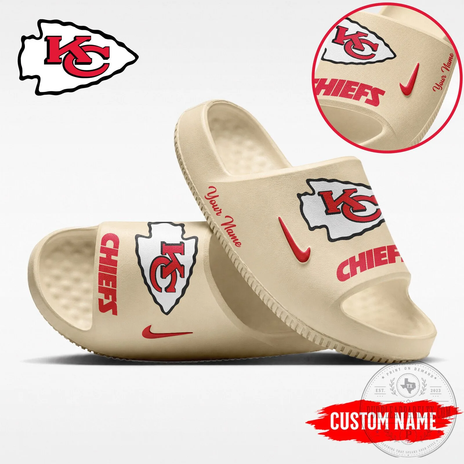 Kansas City Chiefs Custom Name Football Team Logo Beige Slide Sandals