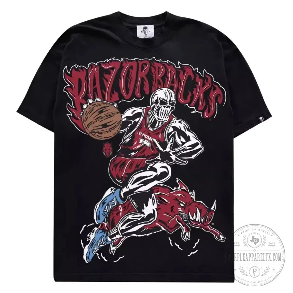 Arkansas Razorbacks Basketball Skeleton Riding Hog Graphic T-Shirt