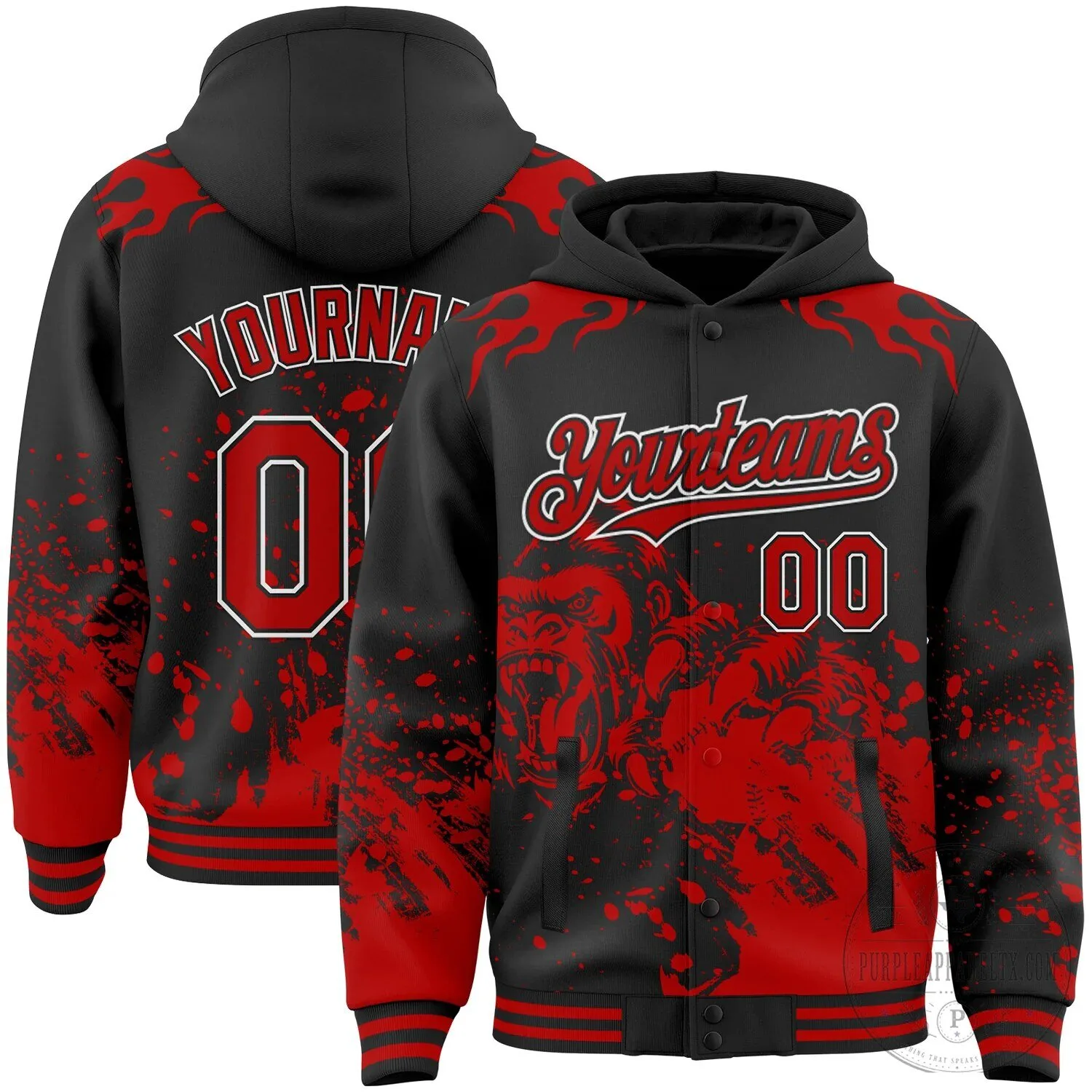 Black Red White Gorilla Flame Splatter Custom Varsity Letterman Hoodie Jacket