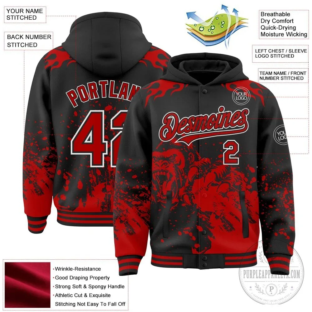 Black Red White Gorilla Flame Splatter Custom Varsity Letterman Hoodie Jacket 13 Black Red White Gorilla Flame Splatter Custom Varsity Letterman Hoodie Jacket