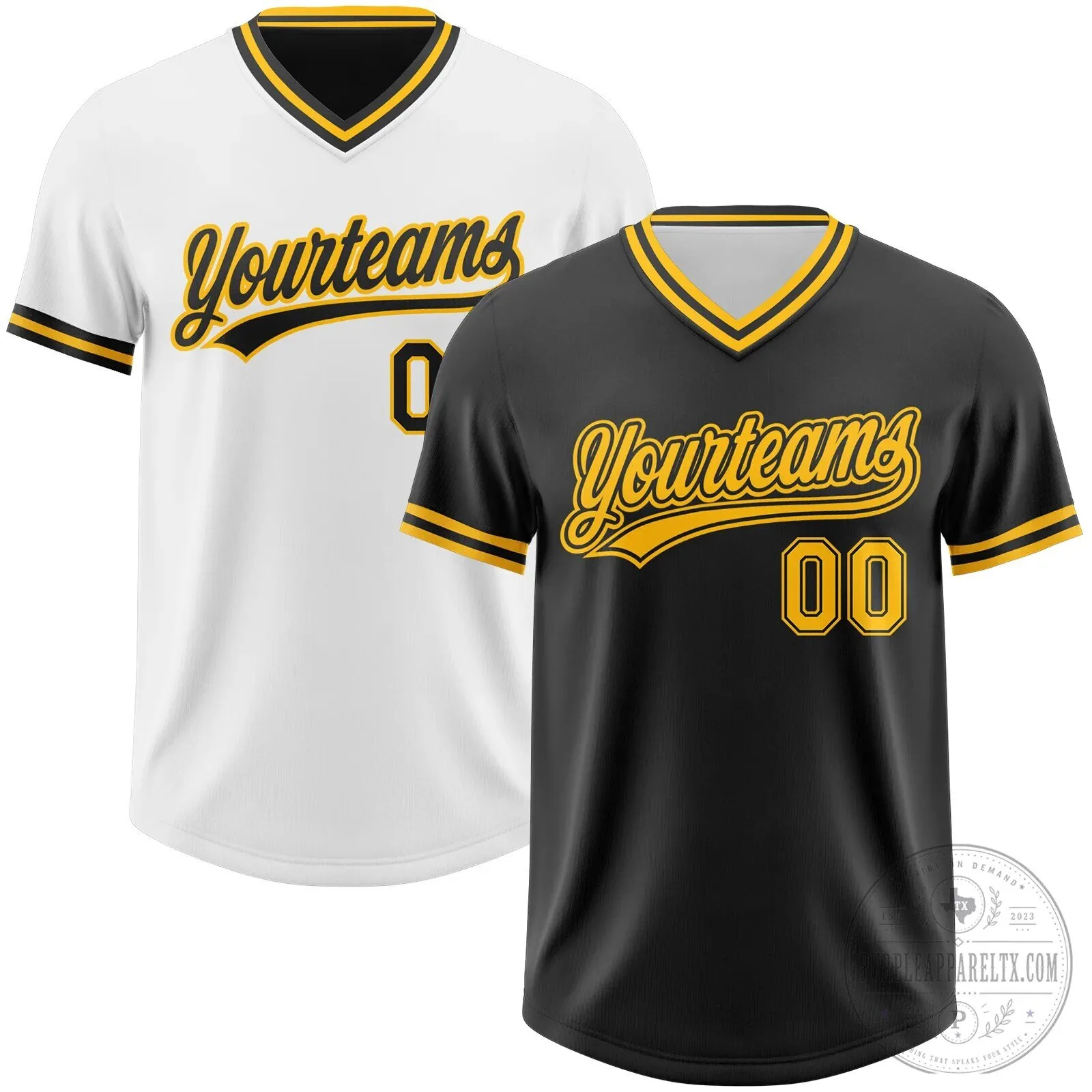 Custom Black Gold Reversible V-Neck Baseball Jersey with Personalized Name and Number
