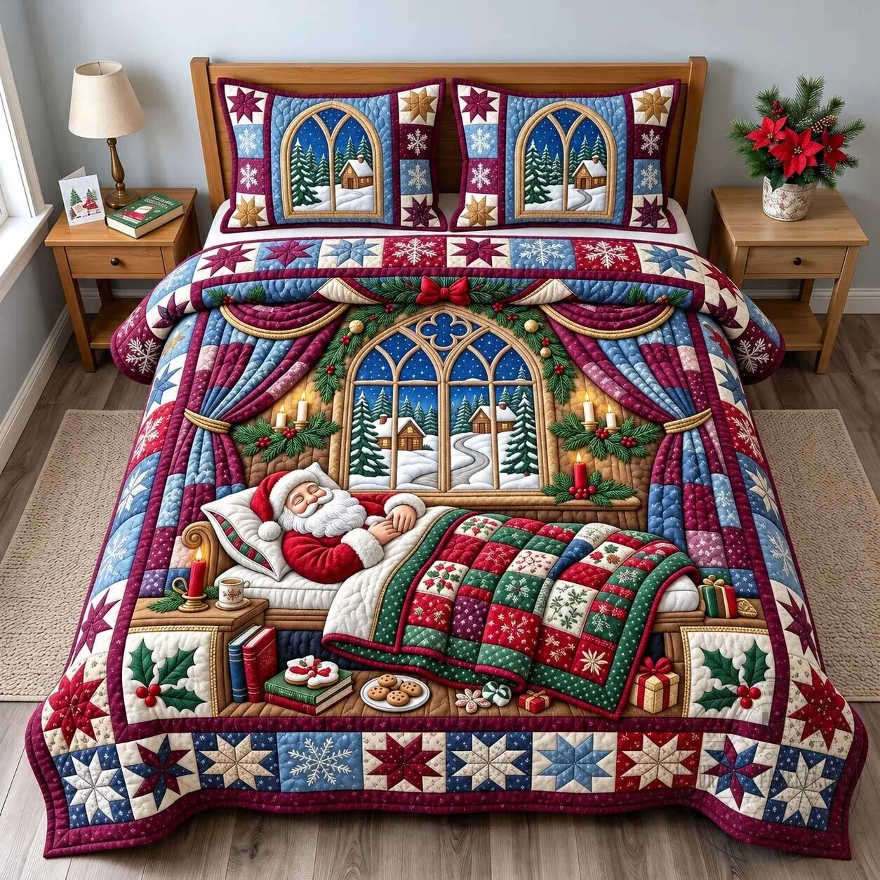 Santa Claus Sleeping Winter Wonderland Christmas Holiday Quilted Bedding Set 5 Santa Claus Sleeping Winter Wonderland Christmas Holiday Quilted Bedding Set