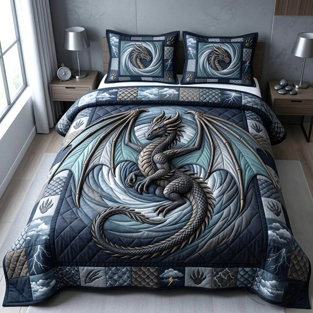 Quilted Bedding Set Featuring Mystic Dragon Fantasy Art and Pillow Shams