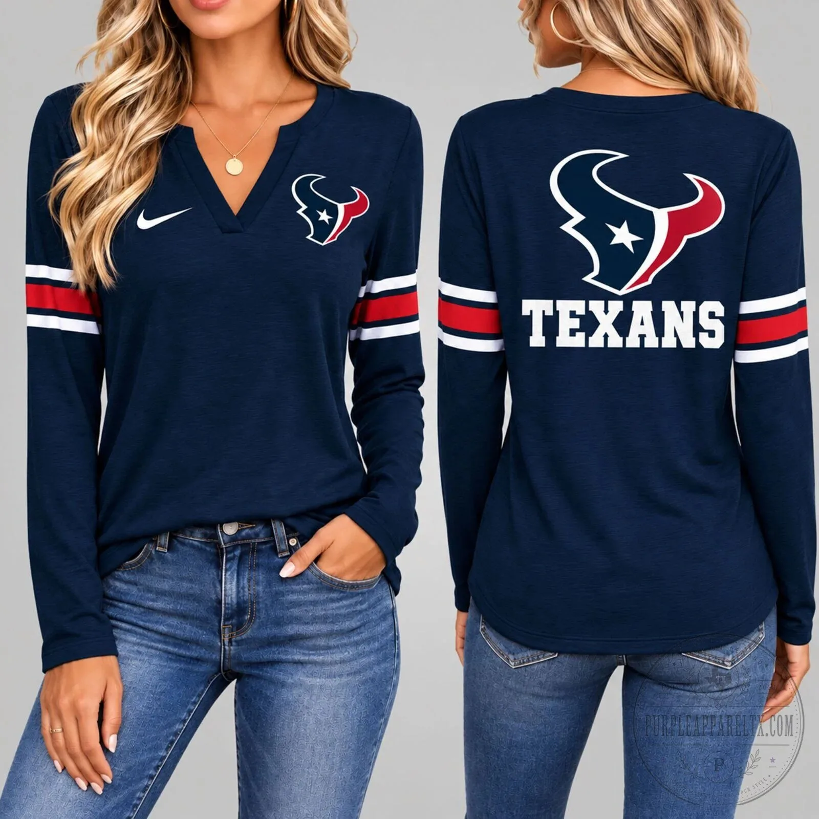 Houston Texans Women's Nike Navy Blue V-Neck Long Sleeve T-Shirt