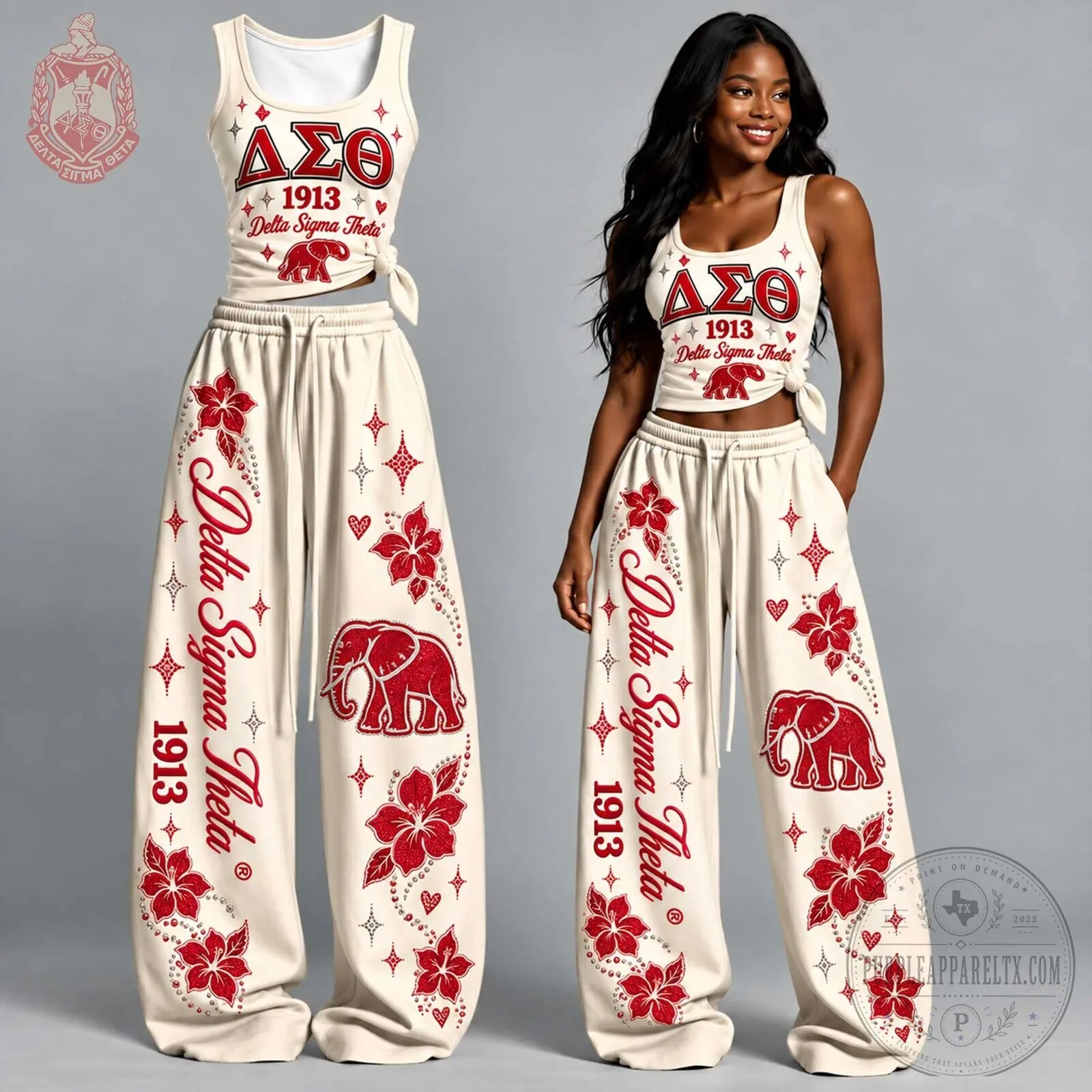 Elephant Floral Red Tank Top and Pants Set for Delta Sigma Theta Sorority 1913