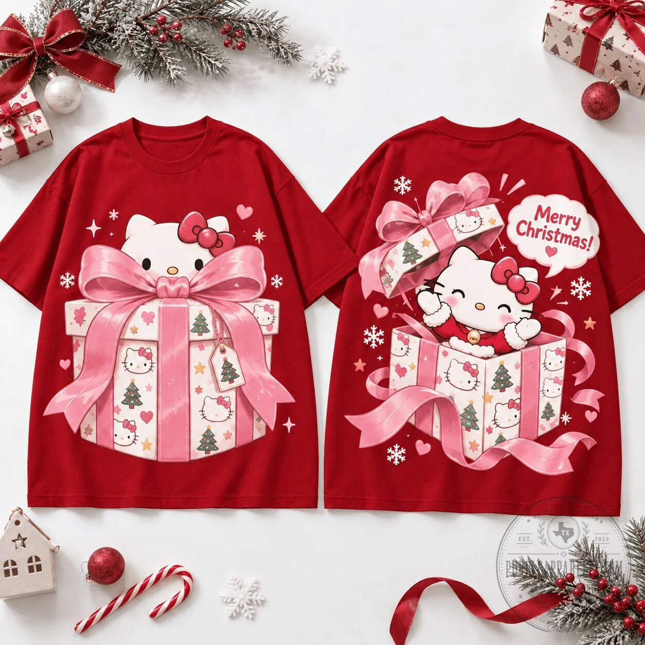 Hello Kitty Christmas Present Surprise Holiday T-Shirt for Women and Girls