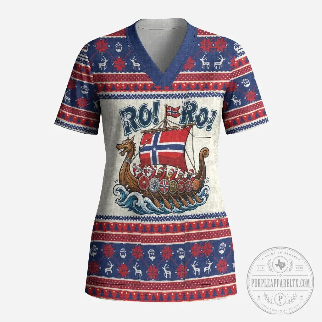 Norway Christmas Viking Ship Ro Ro Ro Ugly Sweater Pattern Scrub Top