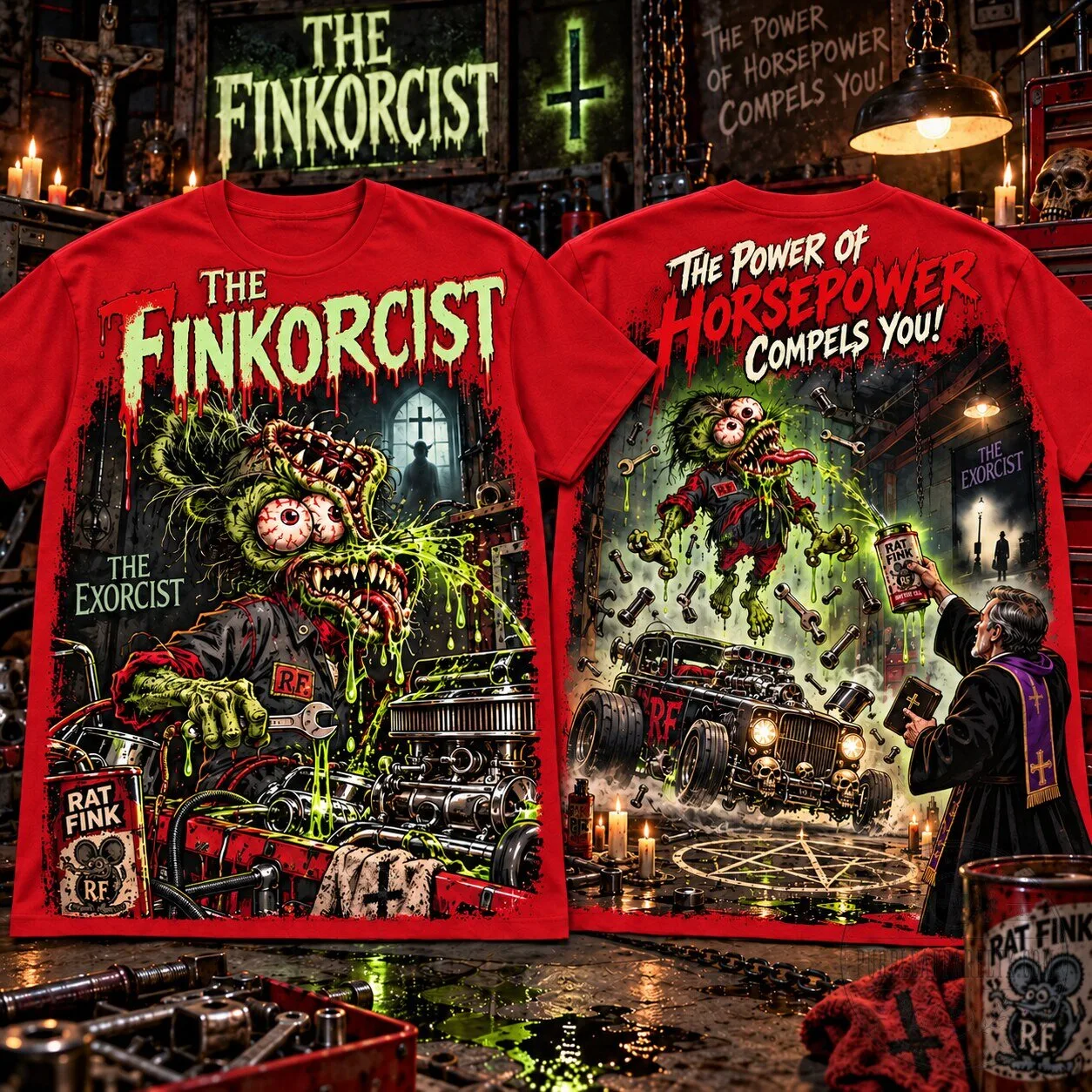 The Exorcist Finkorcist Rat Fink Demonic Hot Rod Horror Movie T-Shirt