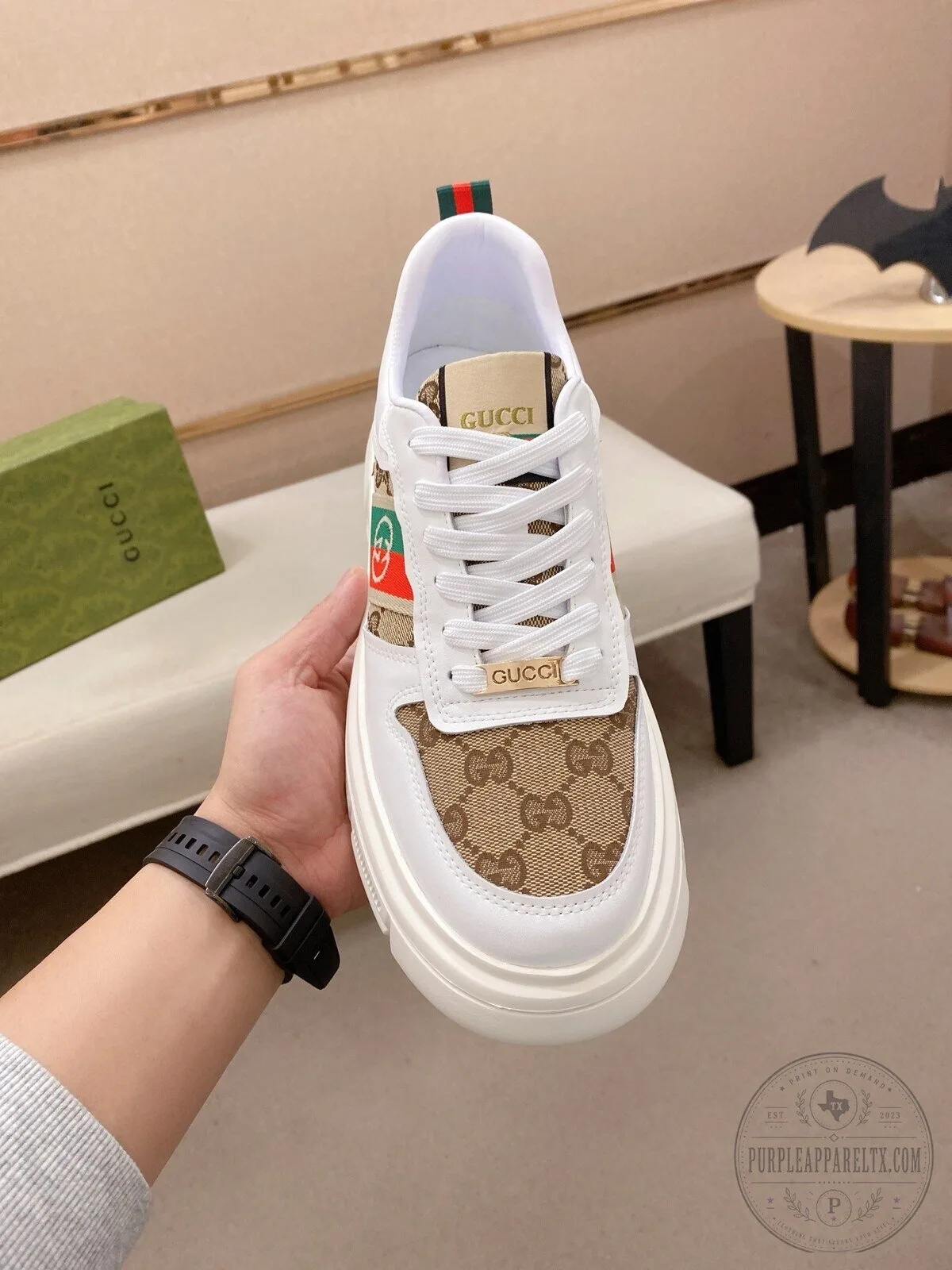 Gucci White and Brown Canvas and Leather Low Top Sneakers for Men and Women 8 Gucci White and Brown Canvas and Leather Low Top Sneakers for Men and Women