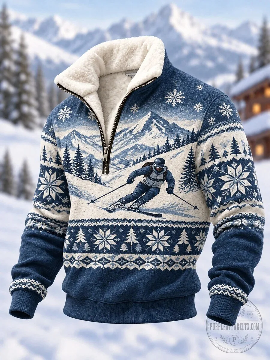 Men's Skiing Mountain Snowflakes Winter Sports Quarter-Zip Pullover Sweatshirt 2 Men's Skiing Mountain Snowflakes Winter Sports Quarter-Zip Pullover Sweatshirt
