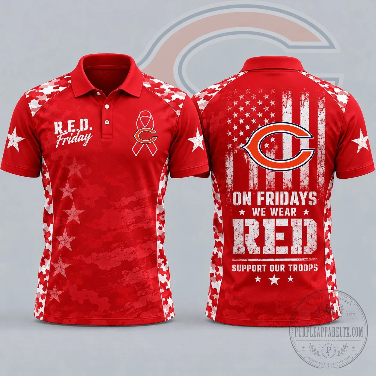 Chicago Bears NFL R.E.D. Friday Patriotic Military Camo American Flag Polo Shirt
