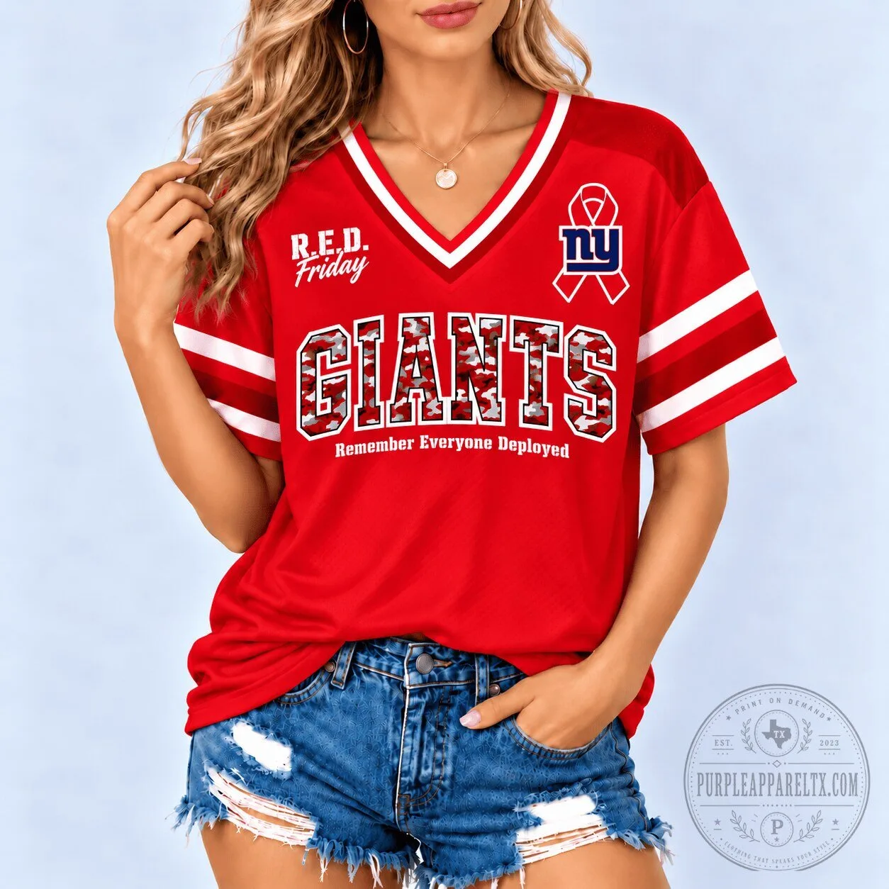 New York Giants Remember Everyone Deployed Military Camo Ribbon V-Neck T-Shirt