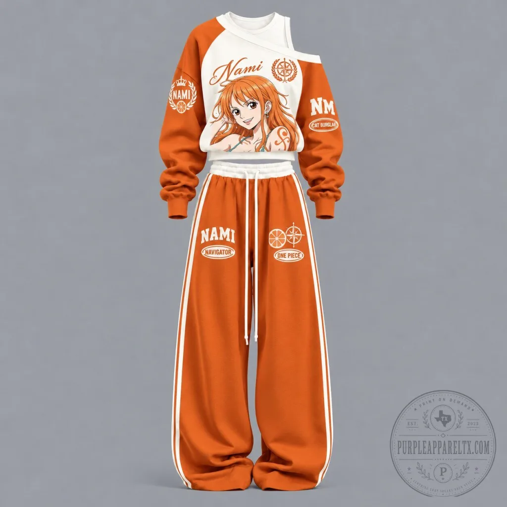 One Piece Nami Anime Character Off-Shoulder Sweatshirt and Pants Set One Piece Nami Anime Character Off-Shoulder Sweatshirt and Pants Set