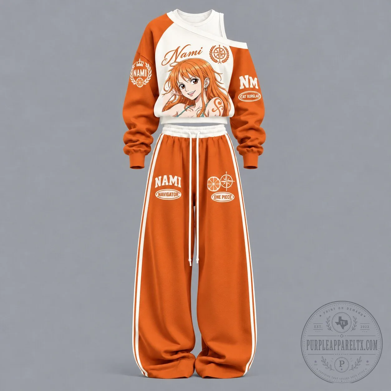 One Piece Nami Anime Character Off-Shoulder Sweatshirt and Pants Set