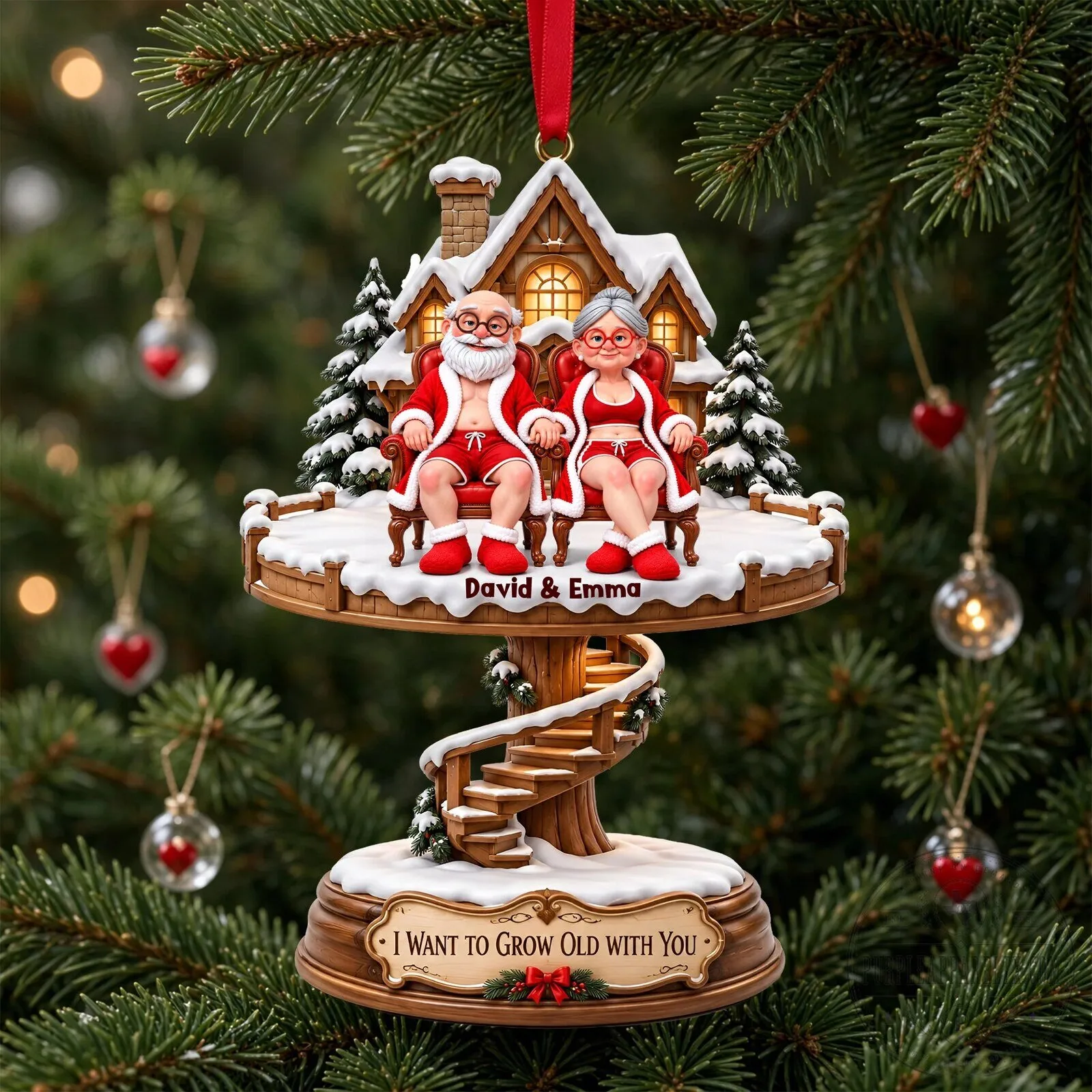 Personalized Old Couple Christmas Ornament - Custom Name Holiday Tree Decoration