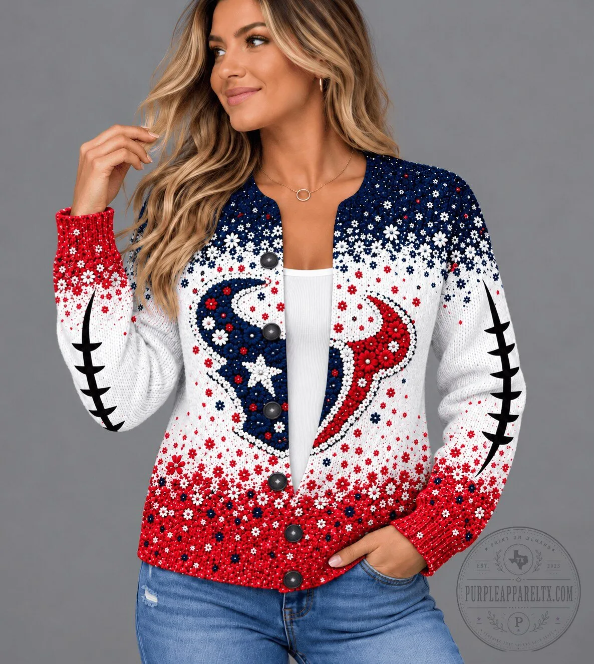 Houston Texans Floral Pattern Red White Blue Football Fan Cardigan Sweater 3 Houston Texans Floral Pattern Red White Blue Football Fan Cardigan Sweater